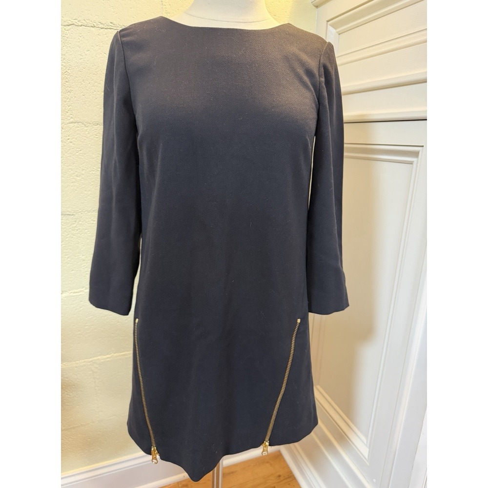 J.Crew Black Shift Dress Gold Zip Hem Sleeves Size 0 Petite Career Classic